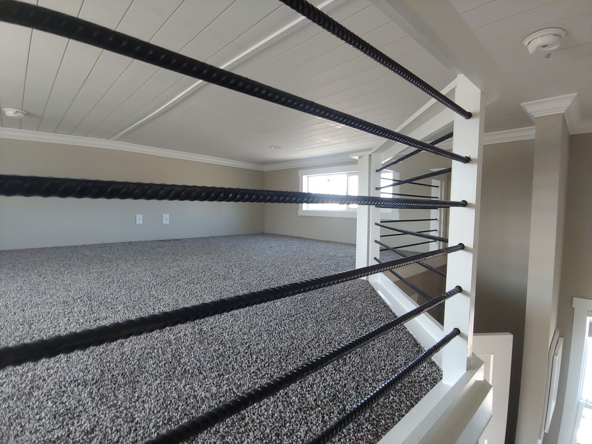 Loft area with beige walls, white ceiling, and plush gray carpet. Black horizontal railing bars create a modern look. Sunlight filters through a small window.