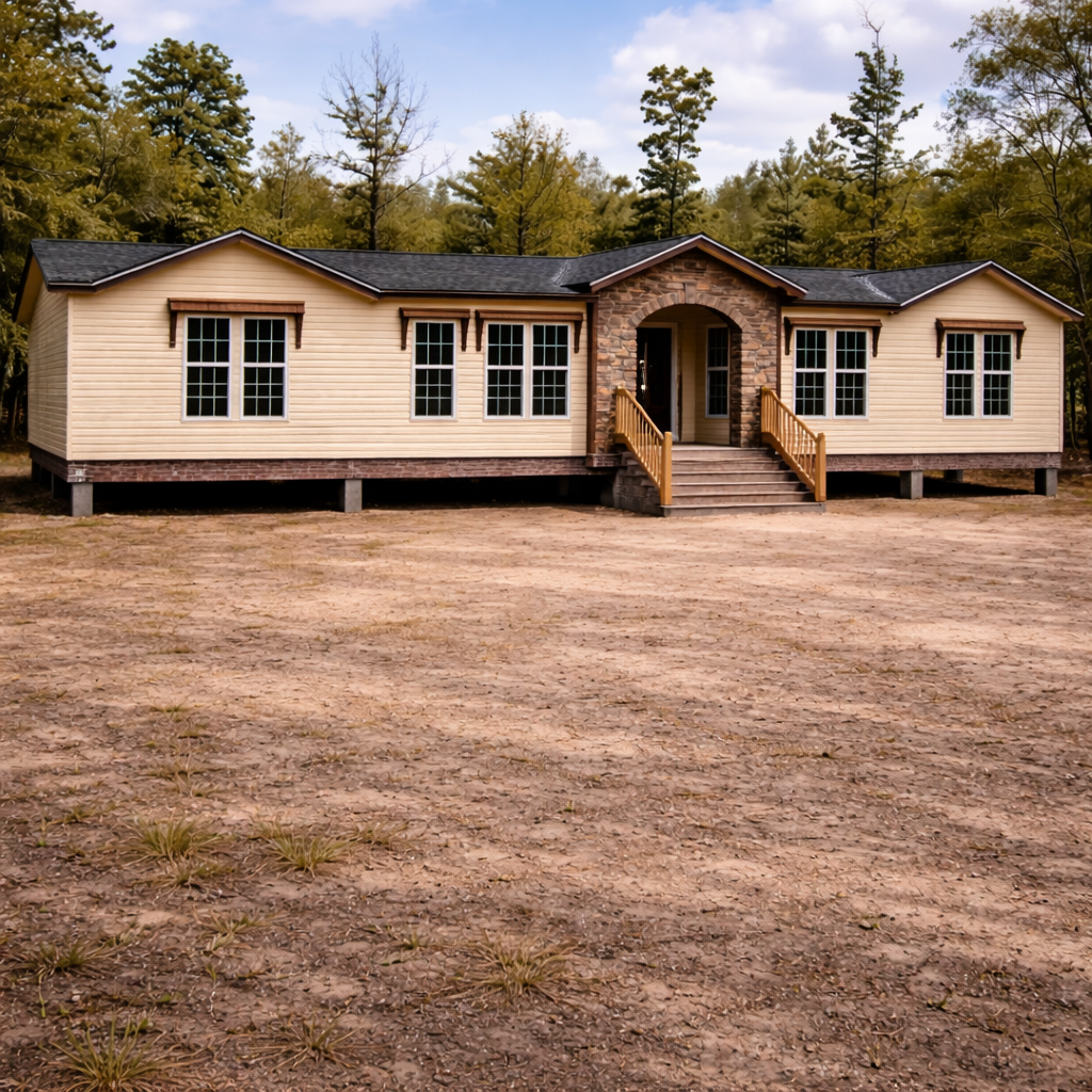A beige modular home with a central stone entrance is elevated on a dirt plot, surrounded by sparse trees under a partly cloudy sky, evoking tranquility.