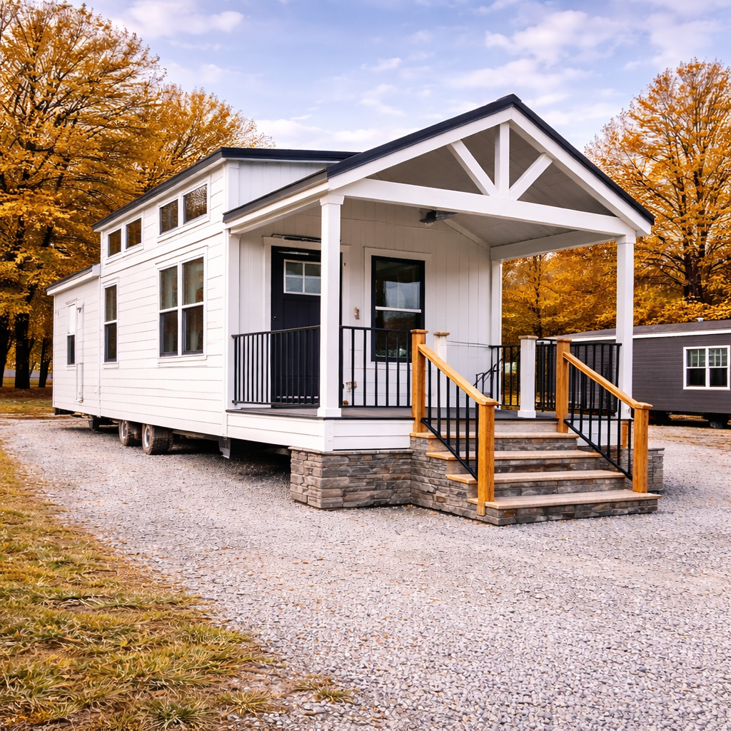 A white tiny house with a gabled roof and black door sits on gravel, surrounded by autumn trees with golden leaves, creating a cozy, inviting atmosphere.