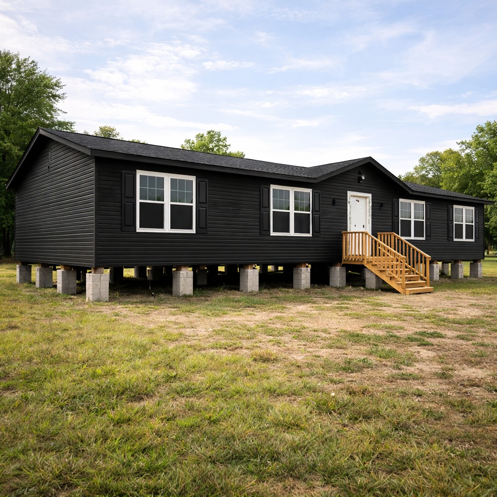 A modern black modular home elevated on concrete blocks sits in a grassy field, framed by a clear sky and lush trees, creating a serene rural scene.