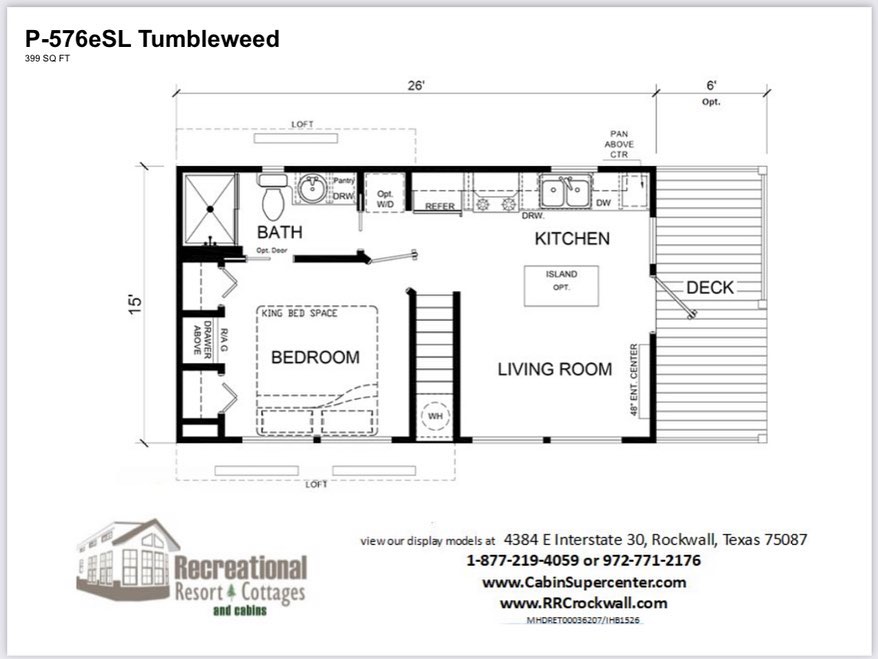 Floor plan of the Tumbleweed cabin model, showing a 399 sq ft layout with a bedroom, bath, kitchen, living room, and deck. Includes contact info.