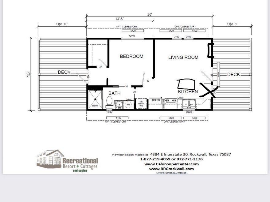 Floor plan of a small cabin with a bedroom, living room, kitchen, and bathroom, flanked by decks on both sides; compact and efficient layout.