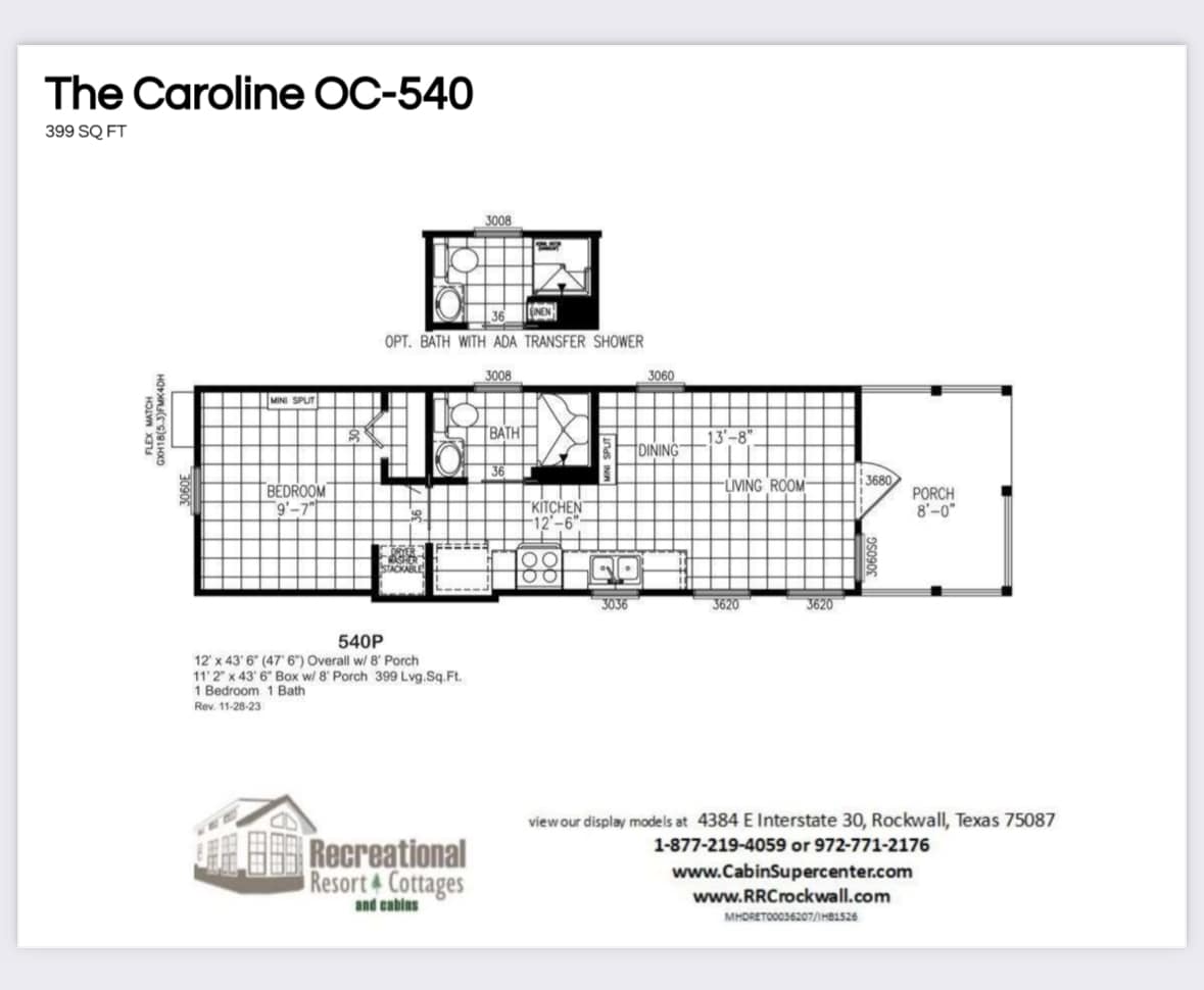 Floor plan of "The Caroline OC-540," a compact 399 sq ft home. It features 1 bedroom, 1 bath, kitchen, dining, living room, and an 8-fit porch.