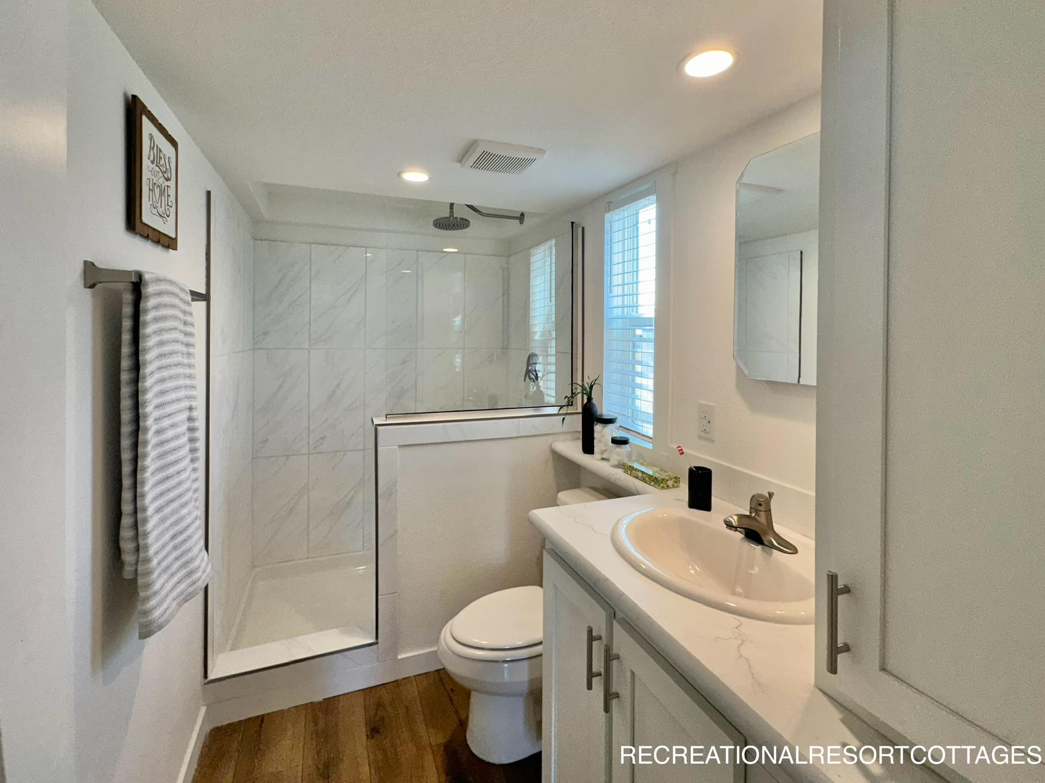 Modern bathroom featuring a glass-enclosed shower, white vanity with sink, mirror, and potted plant. Wooden floor adds warmth to the sleek design.