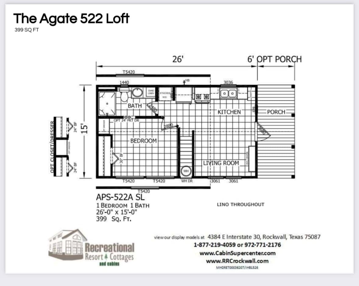 Floor plan of "The Agate 522 Loft" shows a compact, 399 sq ft layout. Includes a bedroom, bathroom, kitchen, living room, and optional porch.