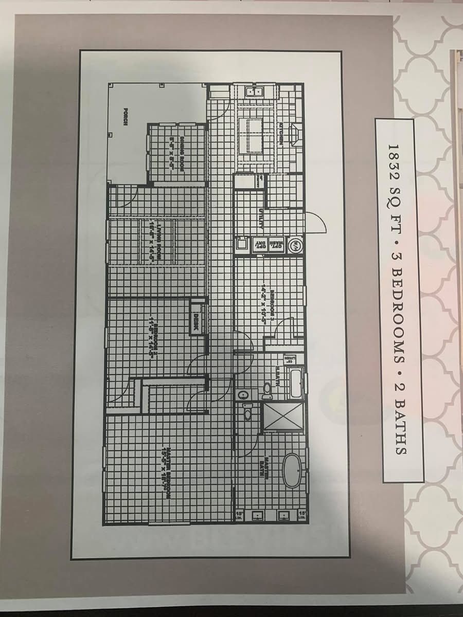 Floor plan diagram showing a layout of 1,832 sq ft home with three bedrooms, two bathrooms, a kitchen, and a living area. Clean, organized design.