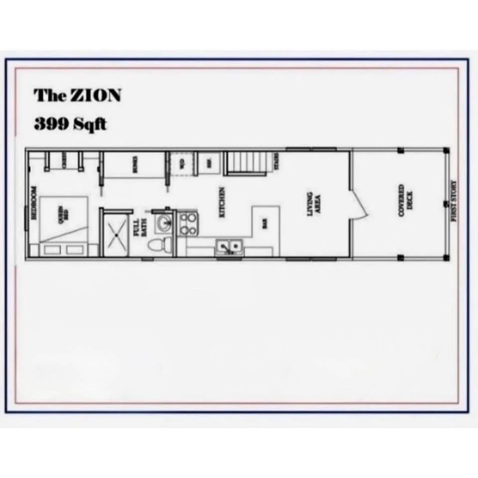 Floor plan labeled "The ZION," 399 sq ft. Layout includes bedroom, full bath, kitchen, living area, and covered deck. Compact and efficient design.