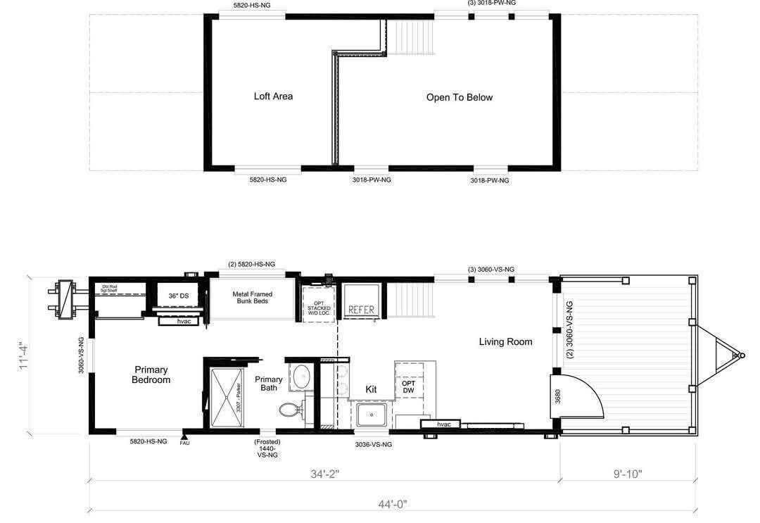 Floor plan of a tiny house. Top level shows a loft area and open space. Main level includes a primary bedroom, bath, kitchen, living room, and deck.