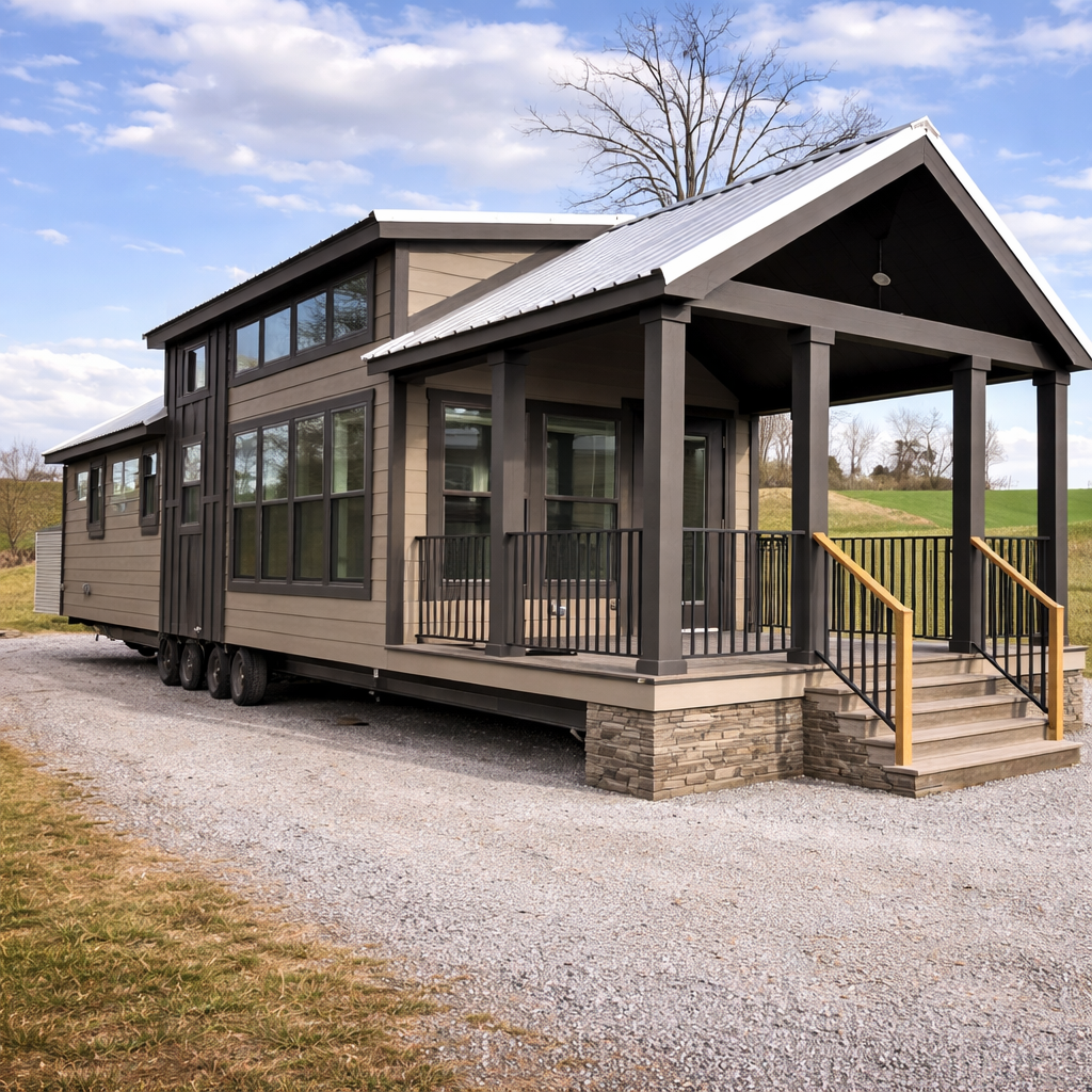 Modern tiny house on wheels with a porch, light brown siding, and dark accents. It sits on gravel, surrounded by grass, under a partly cloudy sky.