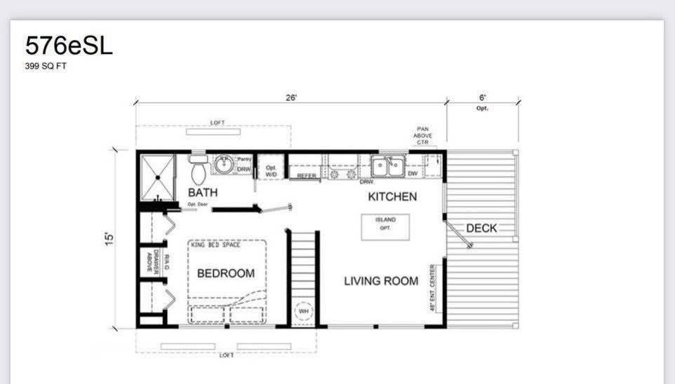 Floor plan of a 399 sq ft unit featuring a bedroom, bathroom, kitchen with island, living room, and deck. Layout includes storage and appliances.
