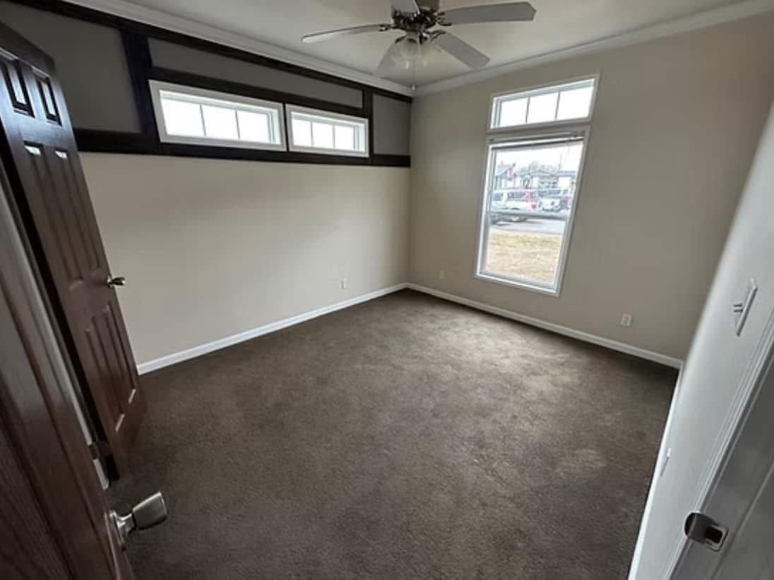 Empty room with beige walls, a brown carpet, and a ceiling fan. Sunlight streams through a window, creating a bright, inviting atmosphere.