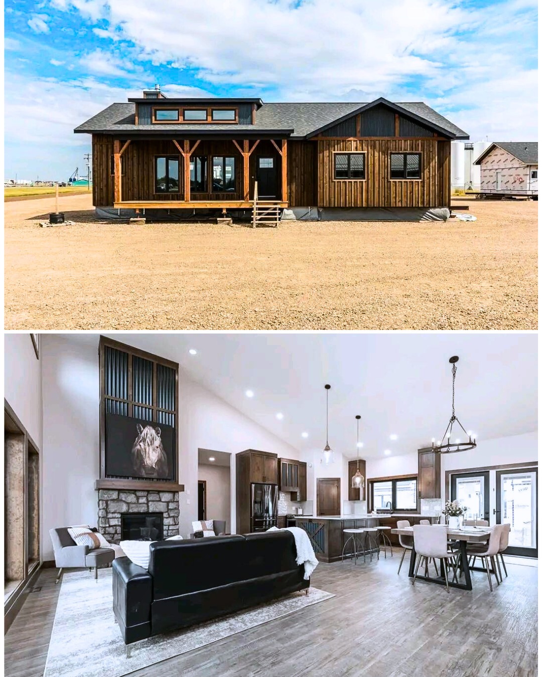 A modern wooden house with large windows sits under a cloudy sky. Inside, a spacious open-plan design features a cozy living area and a sleek kitchen.