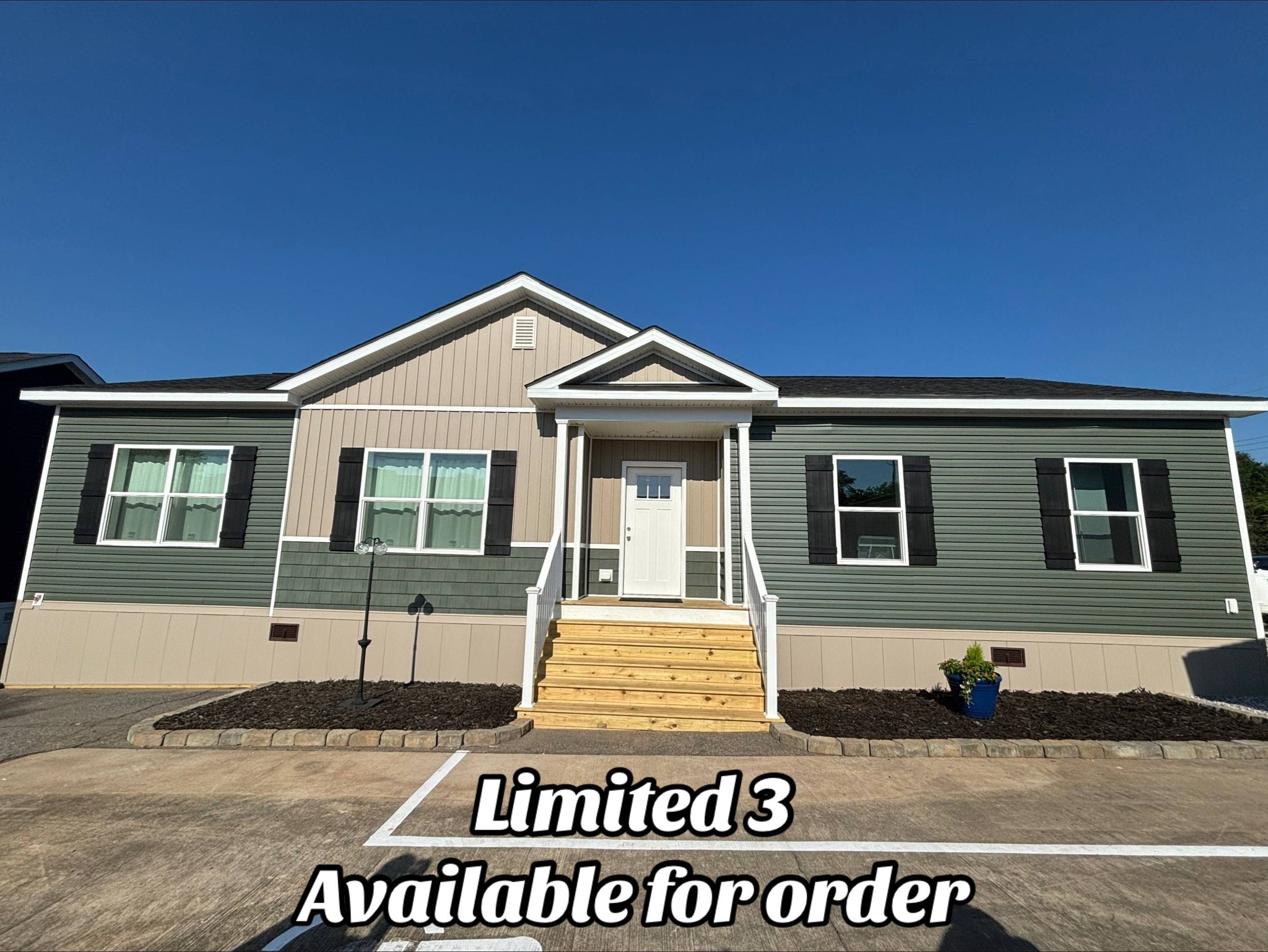 Single-story house with beige and green siding, white trim, and a small porch. "Limited 3 Available for order" text overlaid at the bottom. Clear blue sky.