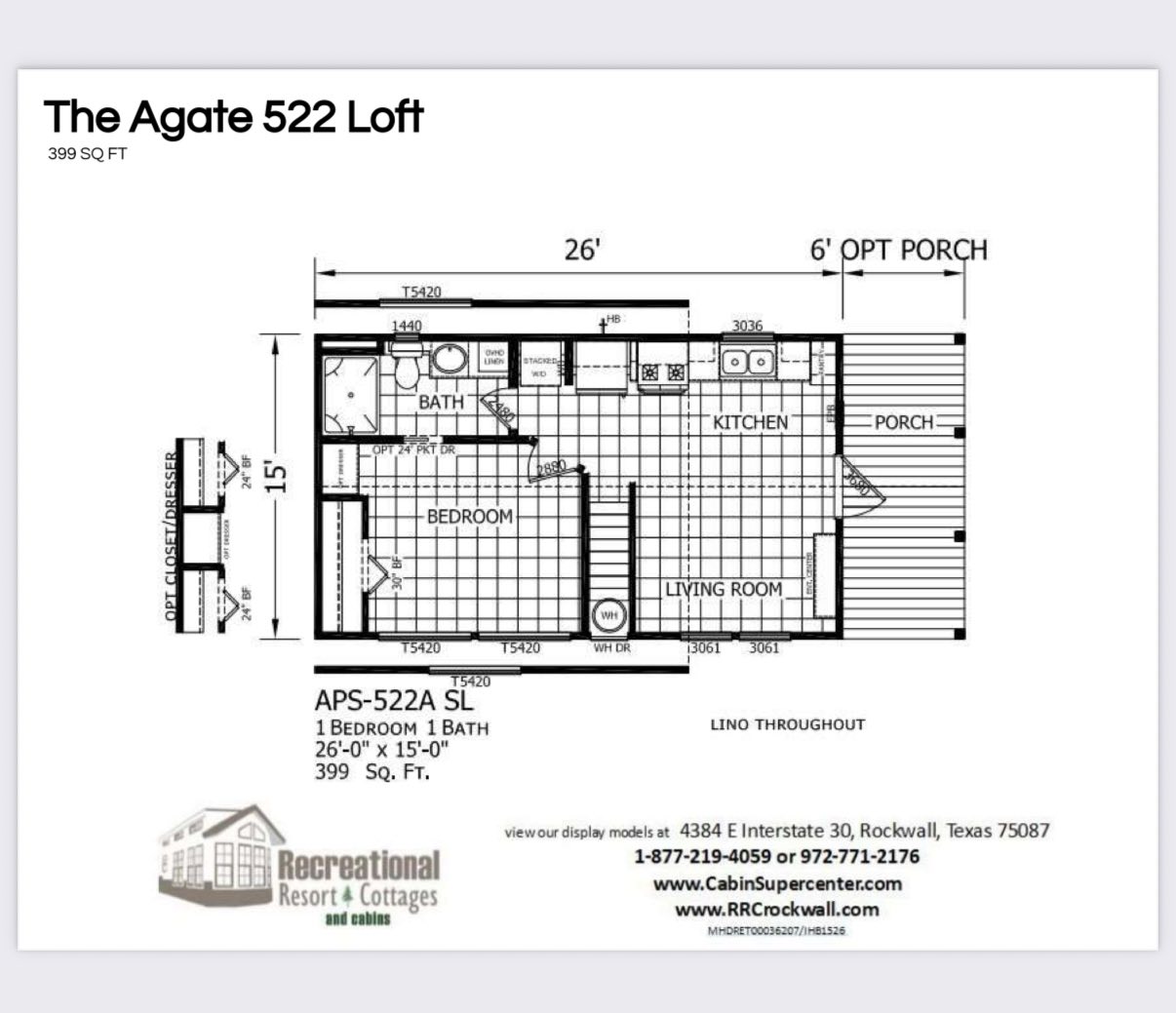 Floor plan of "The Agate 522 Loft," 399 sq ft. Includes 1 bedroom, 1 bathroom, living room, kitchen, and porch. Dimensions are 26' x 15'.