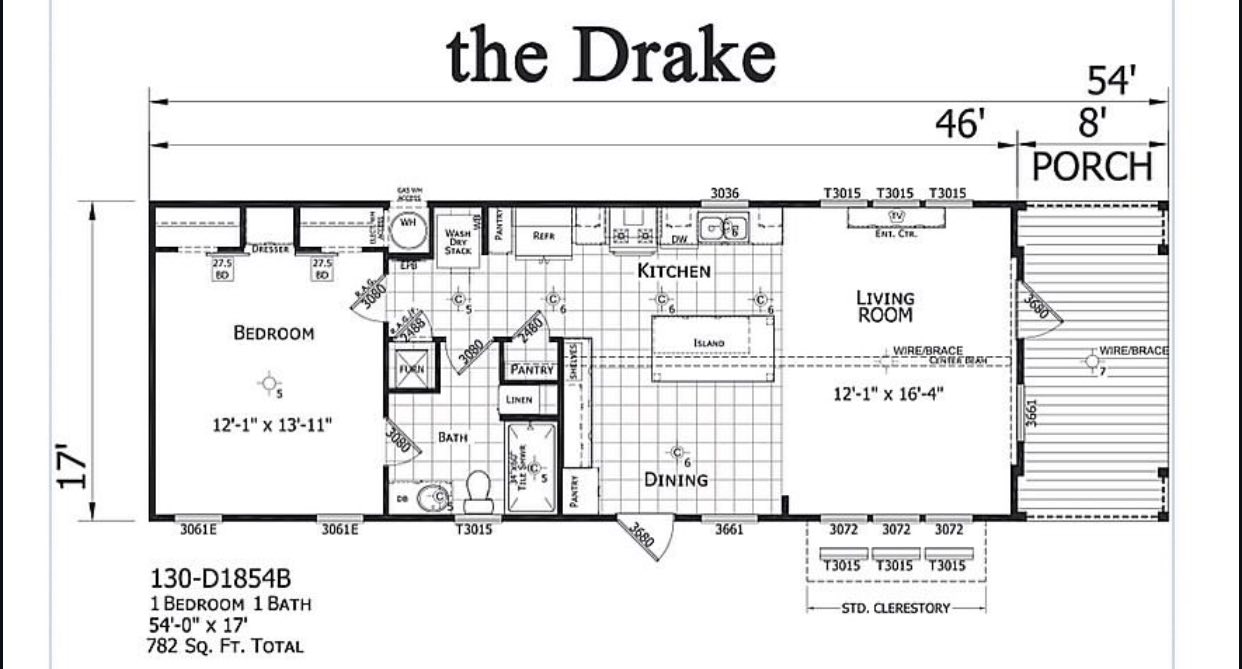 Floor plan of "The Drake," a 782 sq. ft. home. Features 1 bedroom, 1 bath, kitchen with island, dining area, living room, and porch. Dimensions are 54' x 17'.