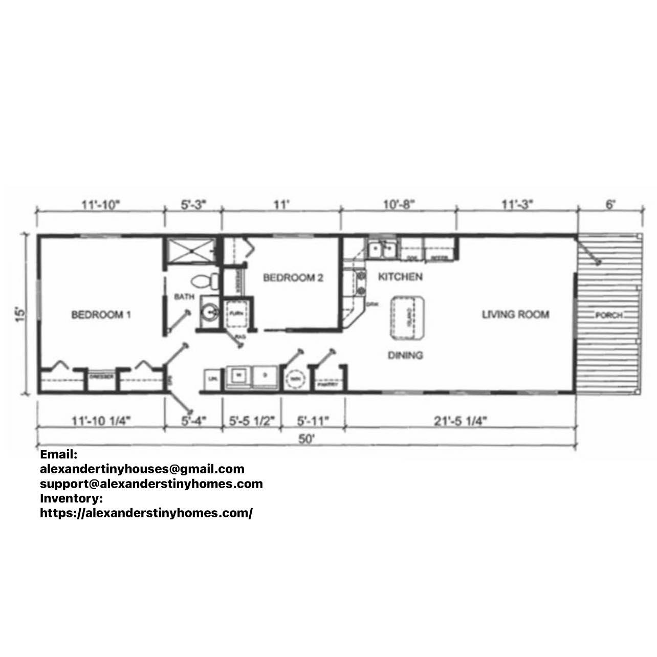 Floor plan of a tiny house featuring two bedrooms, a bathroom, kitchen, dining, living room, and porch. Dimensions and contact details included.