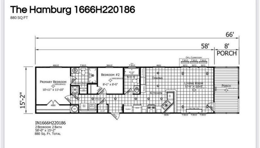 Floor plan of "The Hamburg" model, 880 sq ft. Features two bedrooms, two bathrooms, kitchen, living room, dining area, and porch, laid out in a rectangular shape.