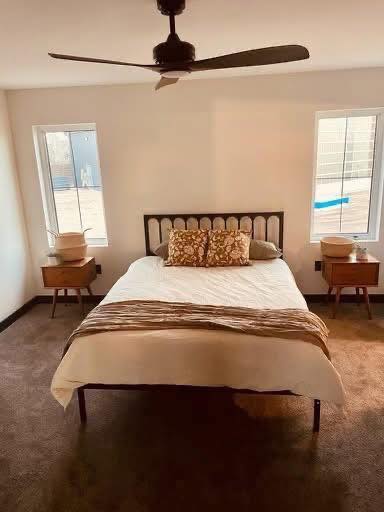 A cozy bedroom with a double bed featuring patterned pillows and a beige throw. Two nightstands with lamps and two windows let in natural light.
