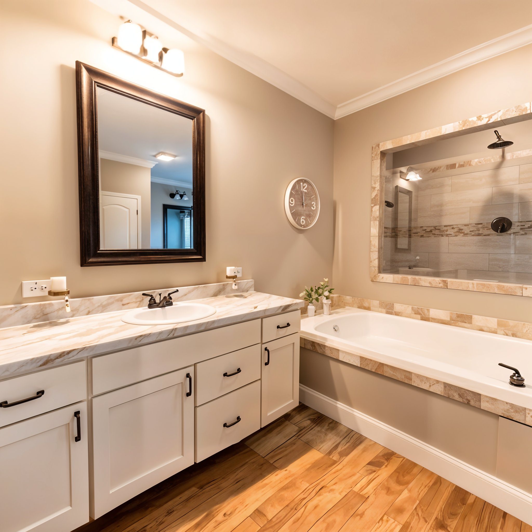 A modern bathroom with beige walls features a marble-top vanity with a sink, a large mirror, a bathtub, a clock, and hardwood flooring, exuding a cozy feel.