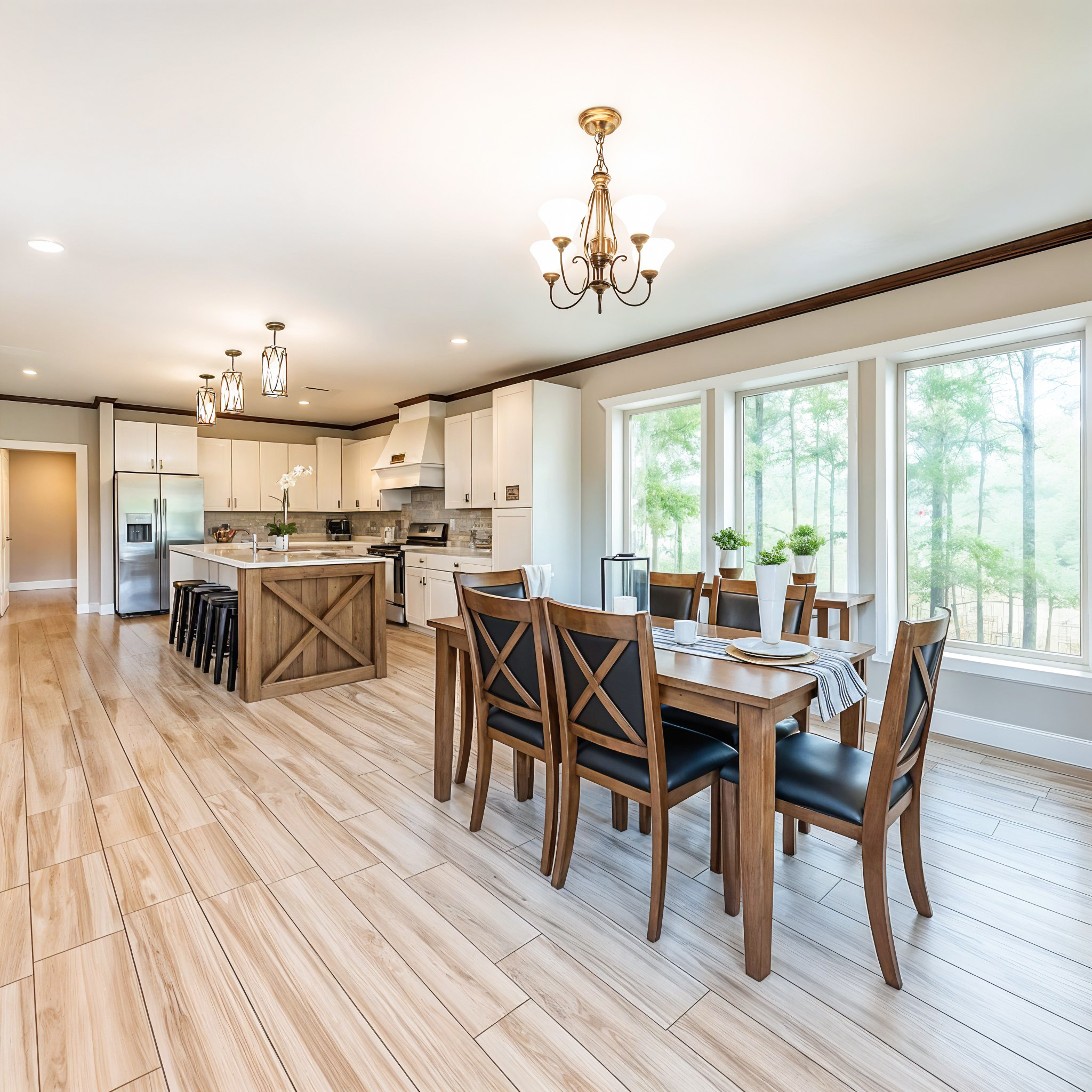 Spacious kitchen-dining area with wooden floors, light cabinetry, and large windows. A dining table with chairs sits near a kitchen island with barstools.