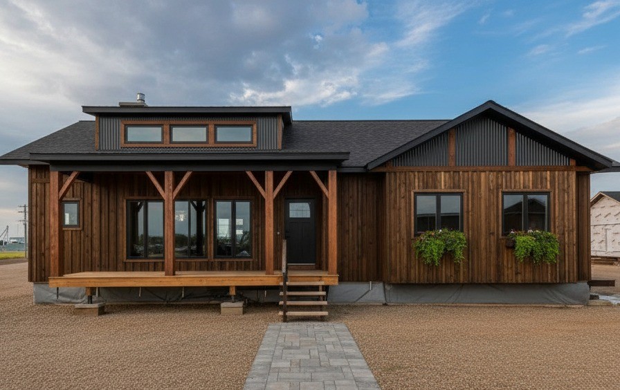 Wooden rustic house with a spacious porch and steps, set against a cloudy sky. Large windows, potted plants, and a gravel pathway add charm.