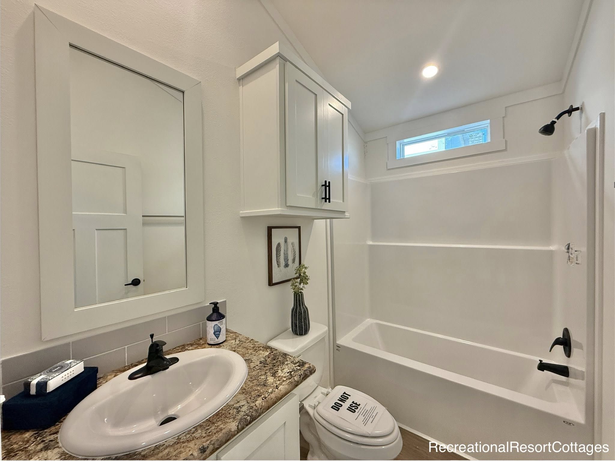 Bright, modern bathroom with white walls, a granite countertop, and black fixtures. Features a bathtub, a framed print, and a small plant.