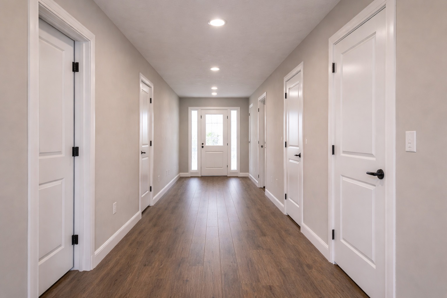A bright hallway with wooden floors and beige walls features multiple white doors along each side. At the end is a white door with glass panels.