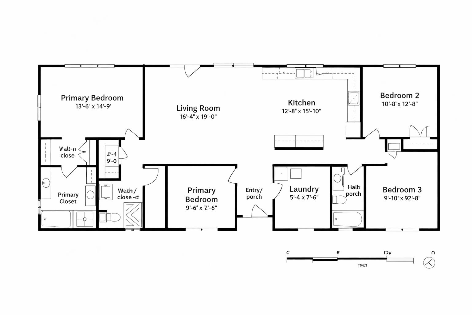 Floor plan depicting a home layout with a living room, kitchen, primary bedroom and closet, two additional bedrooms, laundry, and two bathrooms.