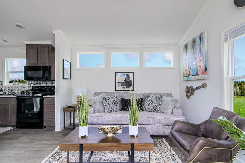 Bright living room with a gray sofa, patterned pillows, and a rug. A wooden coffee table with plants sits in front. Art and a guitar decorate the walls.