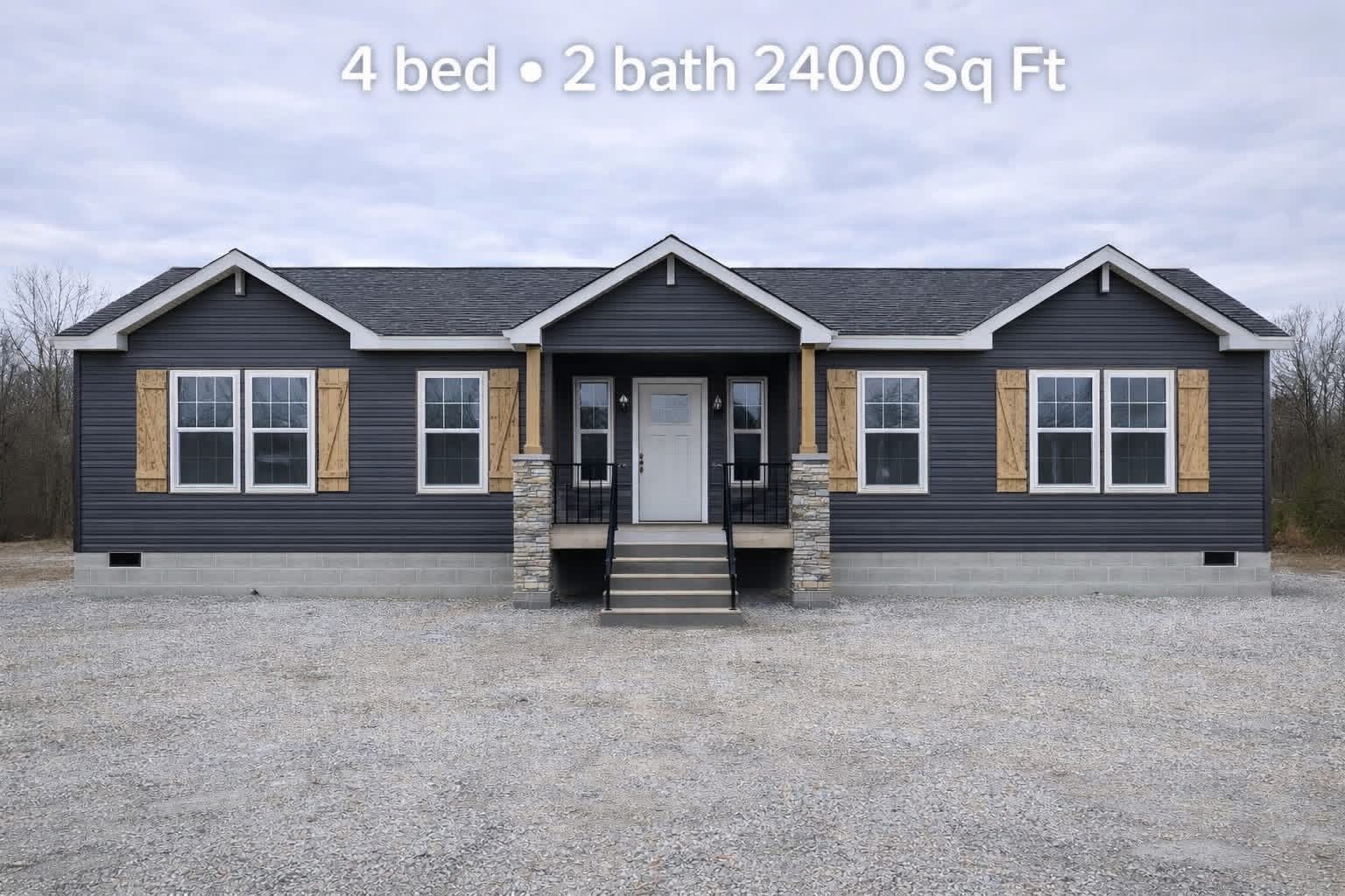 Single-story dark gray house with a central entrance and wooden shutters. Text above reads "4 bed • 2 bath 2400 Sq Ft." Overcast sky background.
