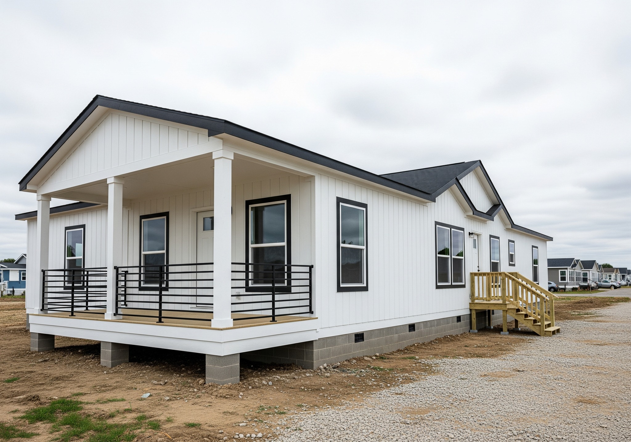 A white modular home with a black roof, front porch, and metal railings is set on a gravel lot under a cloudy sky, conveying a new, modern feel.