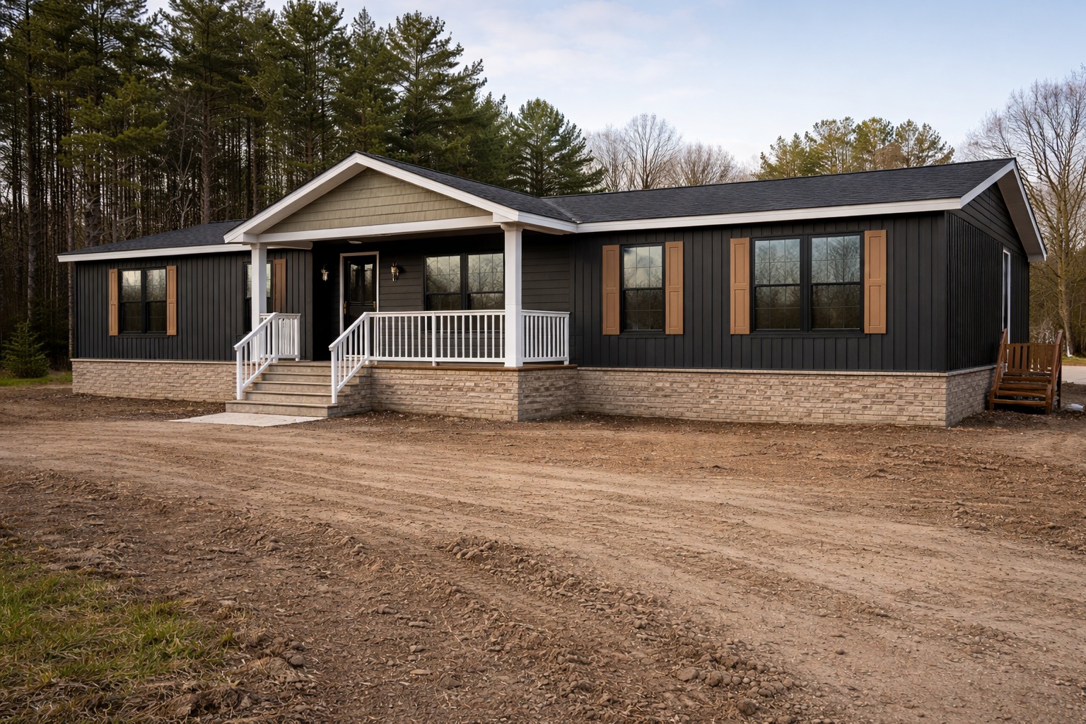 A modern, single-story house with dark siding and brick accents. It has a welcoming front porch with white railings, surrounded by trees and an unpaved yard.