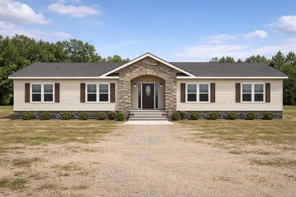 Single-story beige modular home with stone facade entrance, dark shutters, and a black roof, set against a backdrop of trees and a clear blue sky.
