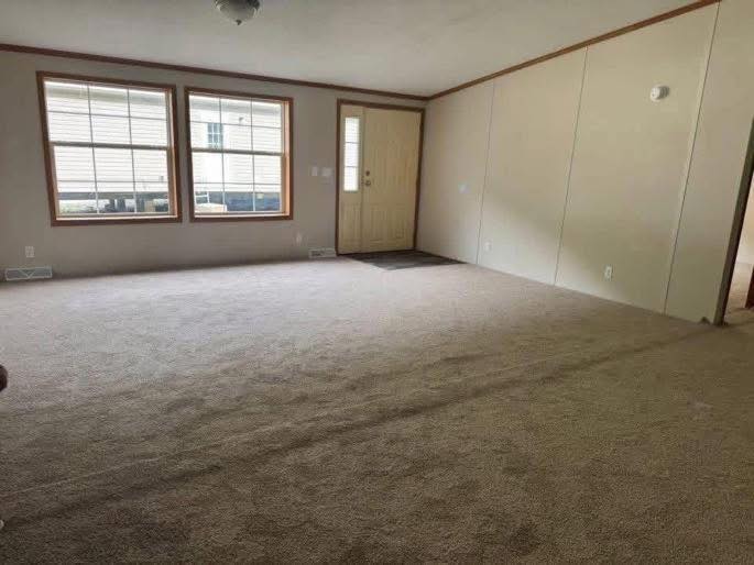 Spacious, empty living room with beige carpet, two large windows, a cream-colored door, and neutral walls, conveying a bright, clean, and open atmosphere.
