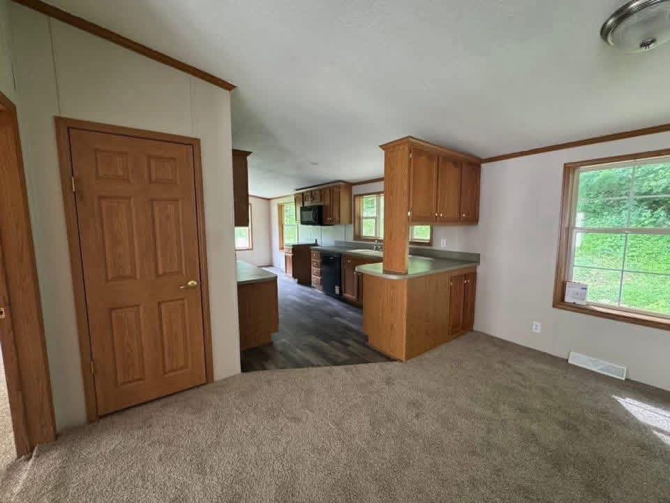 Spacious kitchen and dining area in a home with carpeted floor, wood cabinets, and countertops. Bright window views of green foliage. Neutral tones.