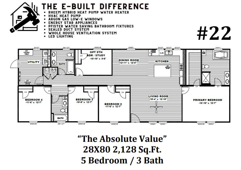Floor plan labeled "The Absolute Value," featuring 5 bedrooms, 3 baths, a kitchen, dining, utility, and living room, 2,128 sq. ft. Energy-efficient features noted.