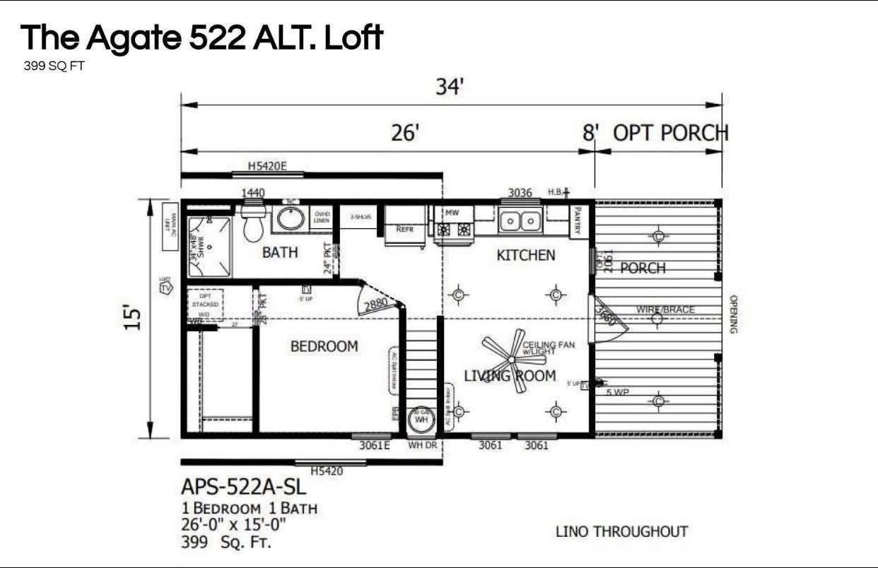 Floor plan of a 399 sq. ft. loft named "The Agate 522 ALT." featuring one bedroom, one bathroom, a kitchen, living room, and optional porch.
