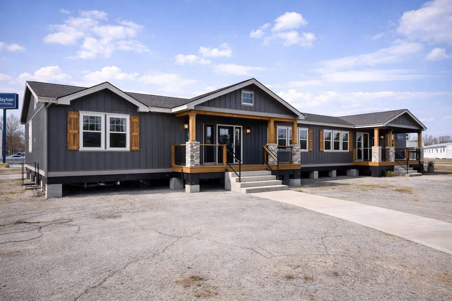 Large, modern manufactured home with dark siding and wood accents, set on concrete blocks. Front porch with steps, under a clear blue sky.