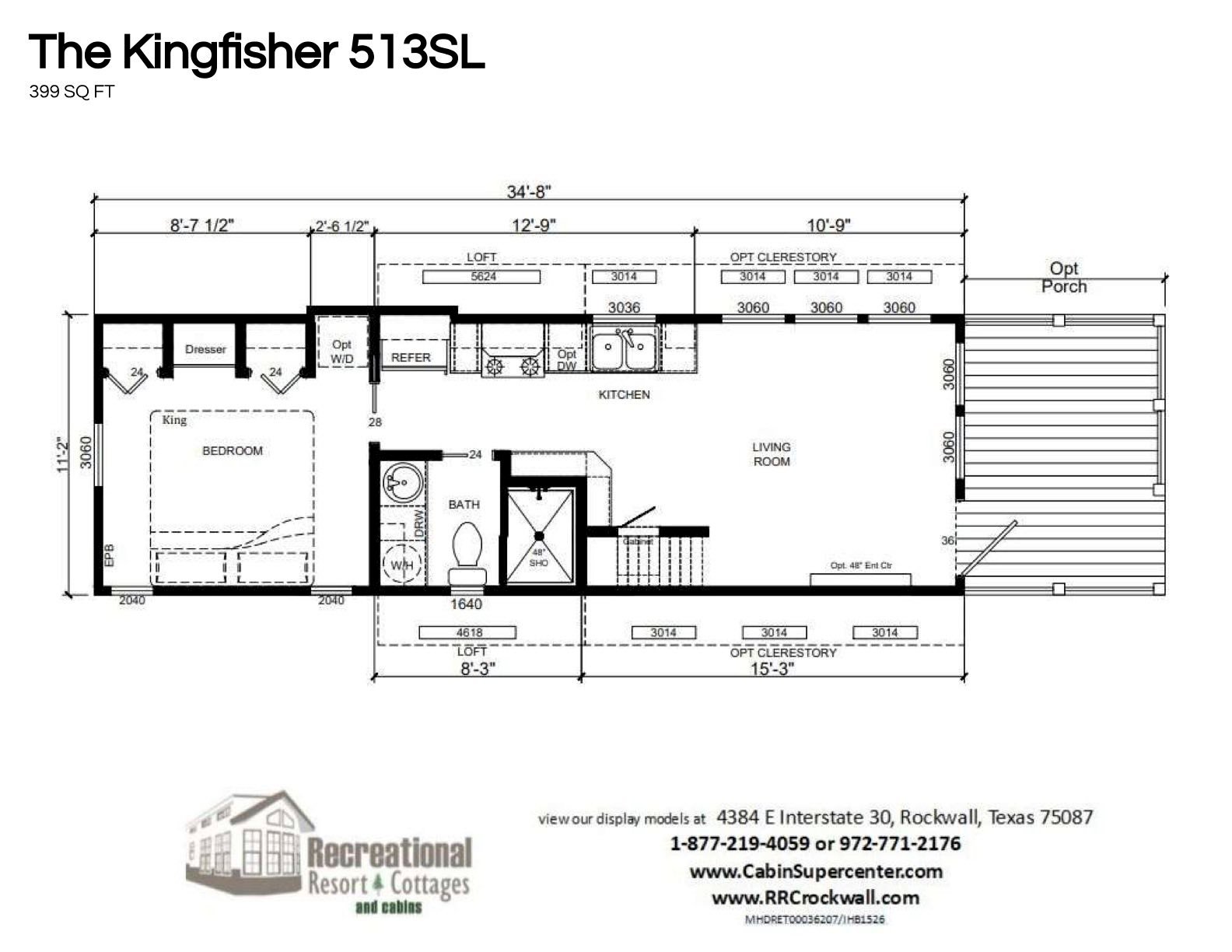 Floor plan of "The Kingfisher 513SL" with 399 sq ft. Includes a bedroom with king bed, a bath, kitchen, living room, loft, and optional porch.