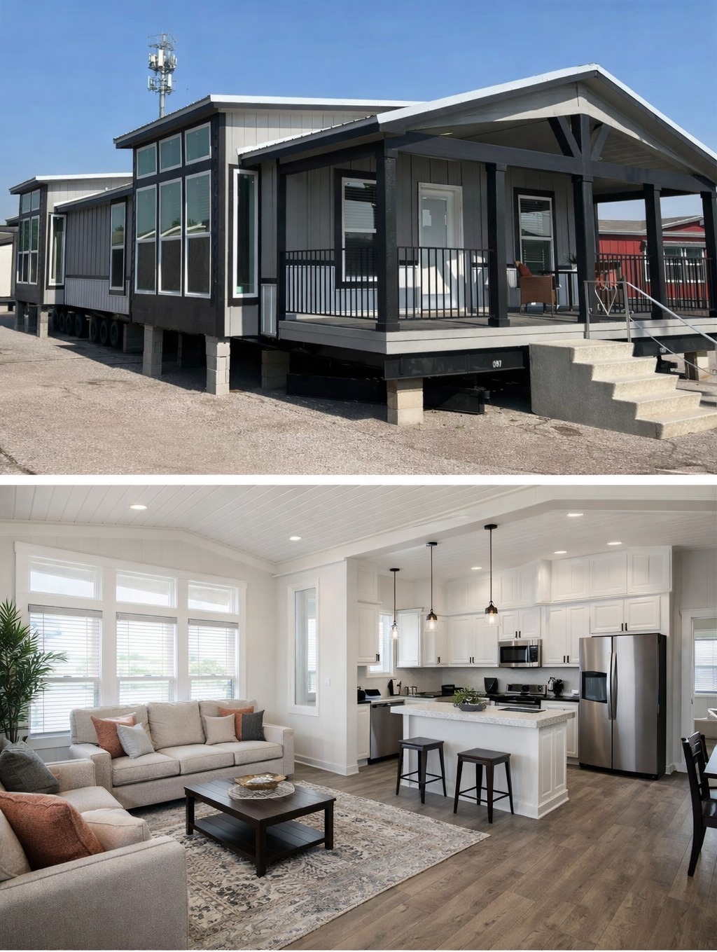 Alt text: A modern mobile home with large windows and a covered porch on top, and a bright, open-plan living room and kitchen with contemporary decor below.