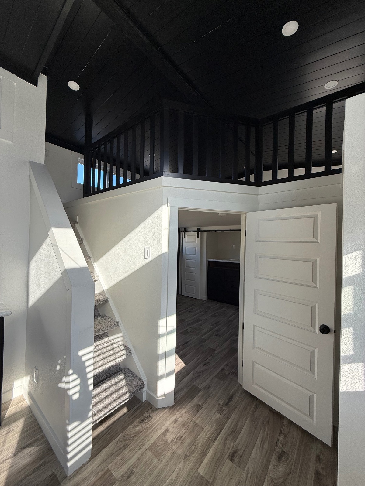 Modern interior featuring a loft with a black railing, dark ceiling, and carpeted stairs. Open door to room with wood flooring; sunlight casts shadows.