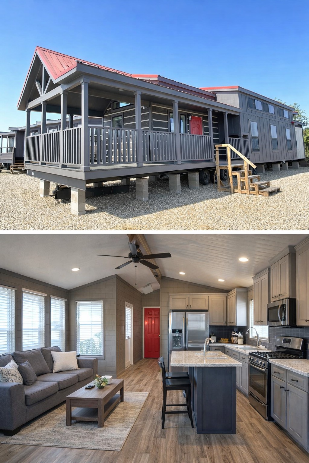 The top image shows a gray tiny house with a red roof and wooden porch, set on a gravel lot. The bottom image features a modern interior with large windows, a kitchen with stainless steel appliances, a gray couch, and warm lighting, creating a cozy and inviting atmosphere.