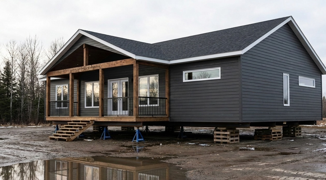 A modern, gray modular home is elevated on blocks amid a muddy landscape, reflecting in a water puddle. It conveys a rural, isolated setting.