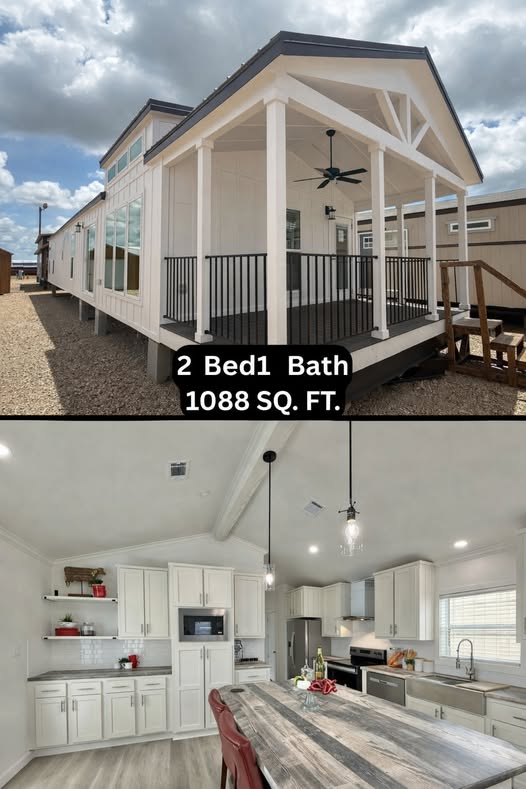 Spacious manufactured home with a covered front porch and modern kitchen. Features 2 bedrooms, 1 bath, and is 1,088 sq. ft. Inviting and bright.