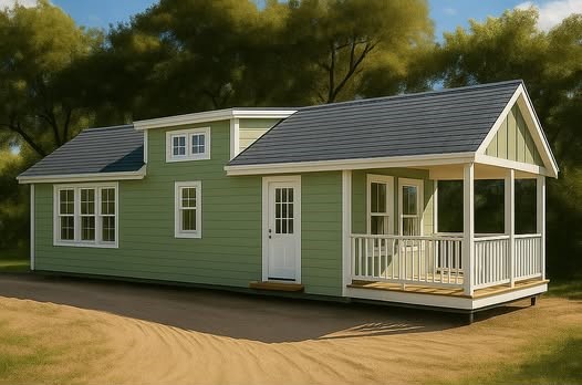 A small, charming light green cottage with white trim, featuring a covered porch and several windows. It sits on a dirt path surrounded by lush trees.