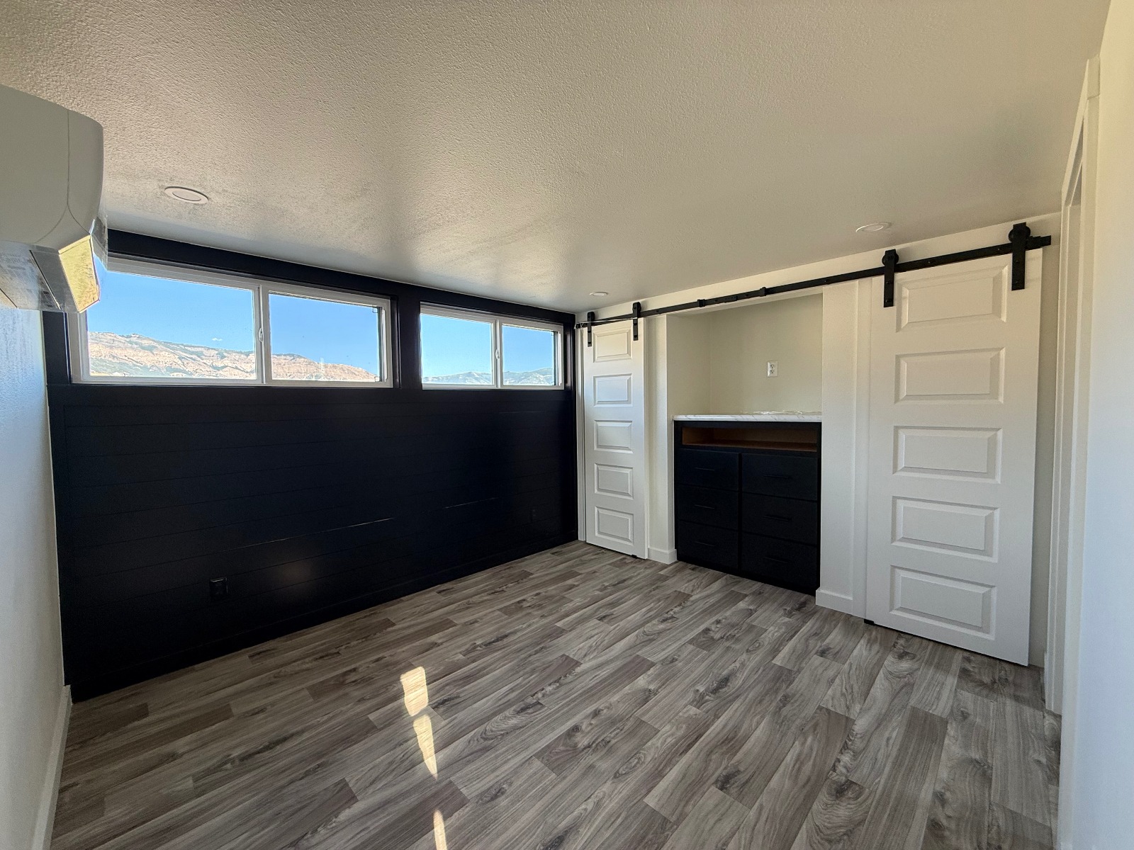 Cozy room with wooden floors and dark accent wall. Three windows let in natural light. A white sliding barn door opens to a cabinet area.