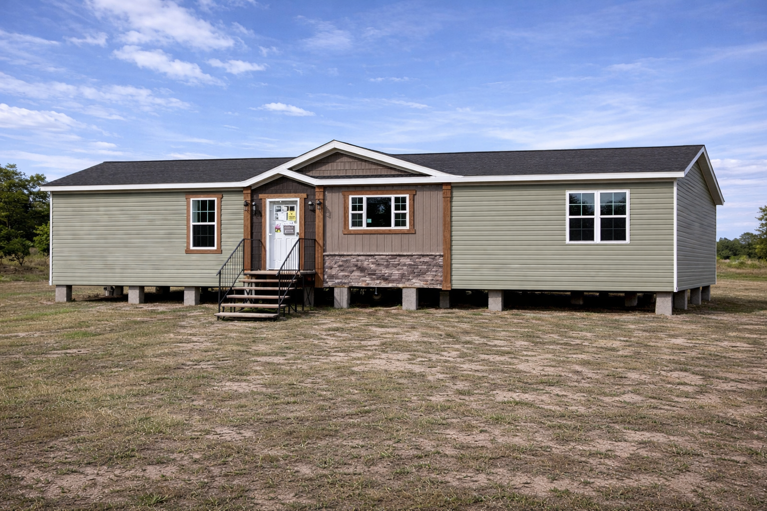 A single-story modular home with beige siding and a dark roof sits elevated on concrete blocks. It has a small front porch and is set against a blue sky.