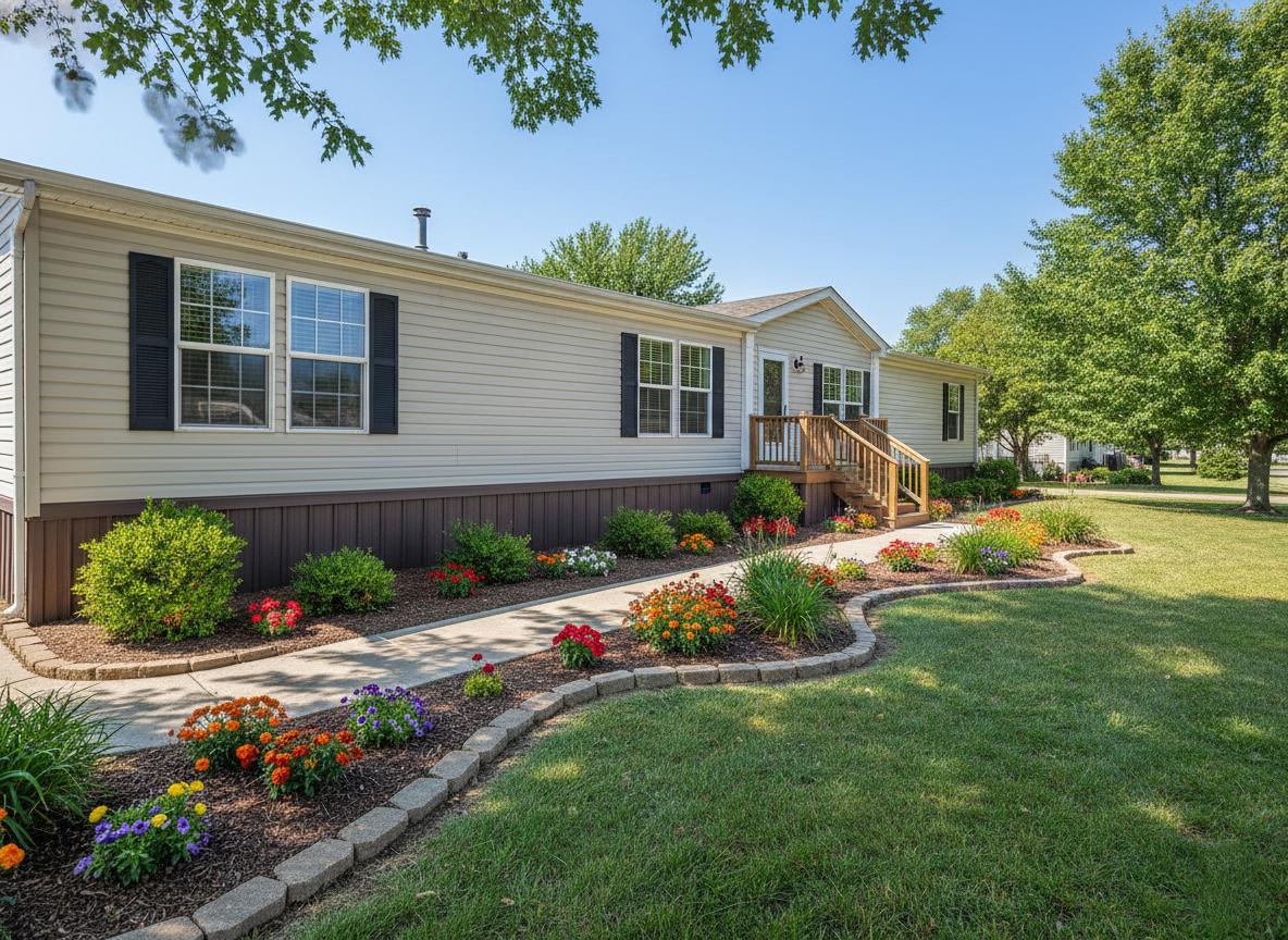 Single-story beige house with black shutters, surrounded by vibrant flowerbeds and lush greenery, on a sunny day. Paved walkway leads to steps.