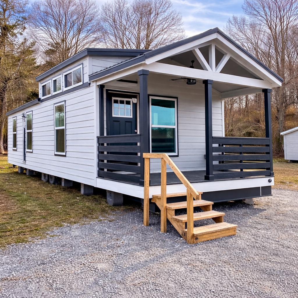 A modern tiny house with white siding and dark trim, featuring a small porch with wooden steps. Surrounded by bare trees under a clear sky, conveying a serene, minimalistic feel.
