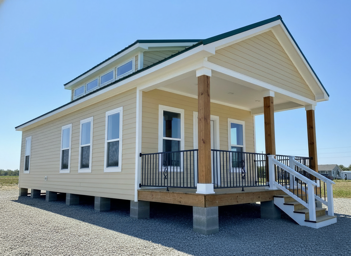 A beige tiny house with white trim and a green roof sits on gravel. It features a front porch with wooden pillars and multiple windows, exuding a cozy, modern feel.